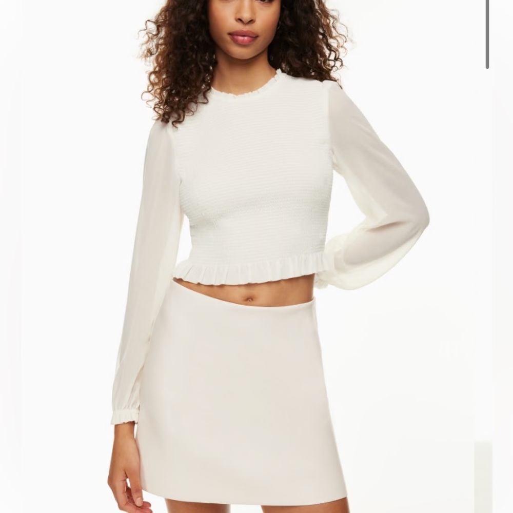 Aritzia Ivory Long-Sleeve Smocked Crop Blouse